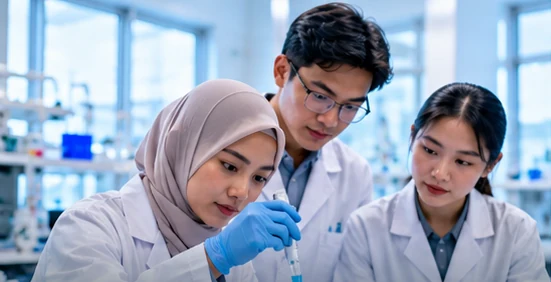Researchers working in a biomedical laboratory